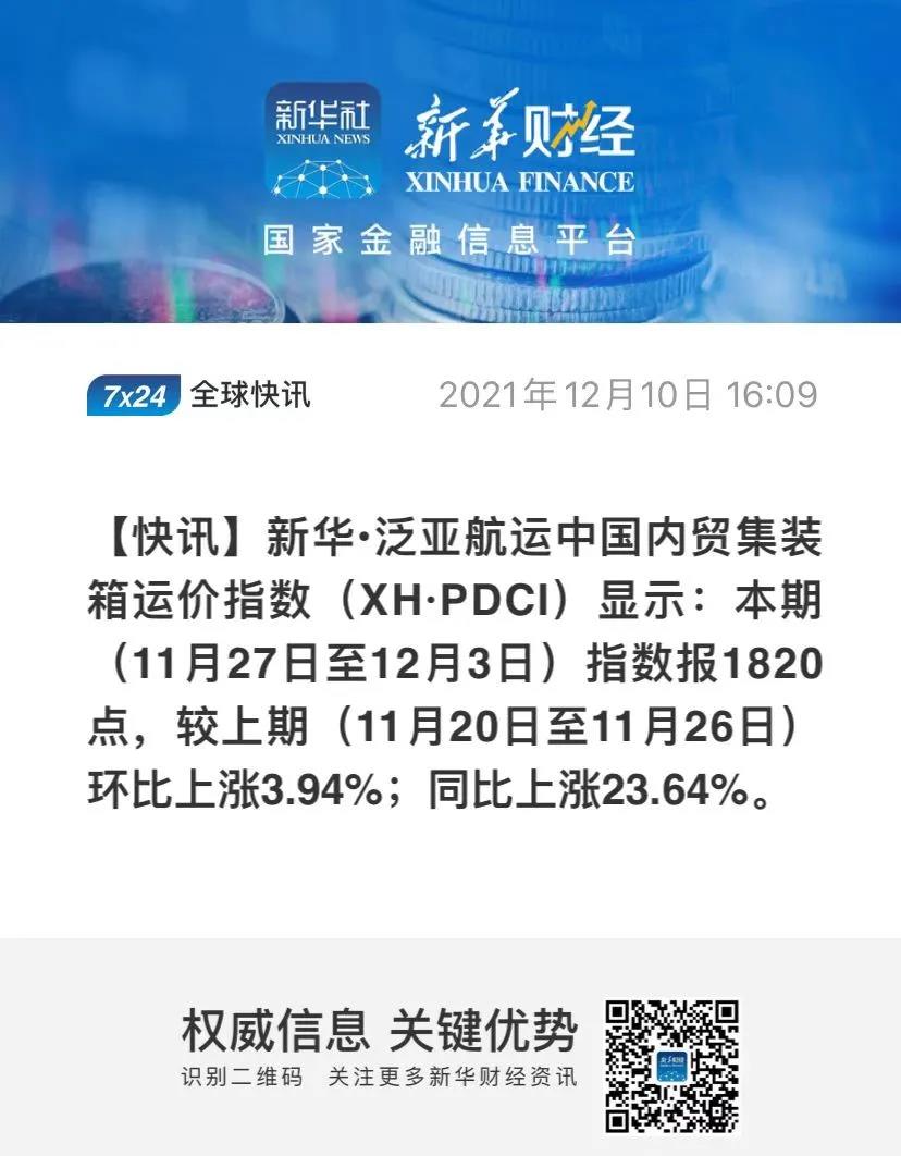 繼續(xù)上漲！泛亞航運中國內貿集裝箱運價指數（XH·PDCI）2021年11月27日至12月3日
