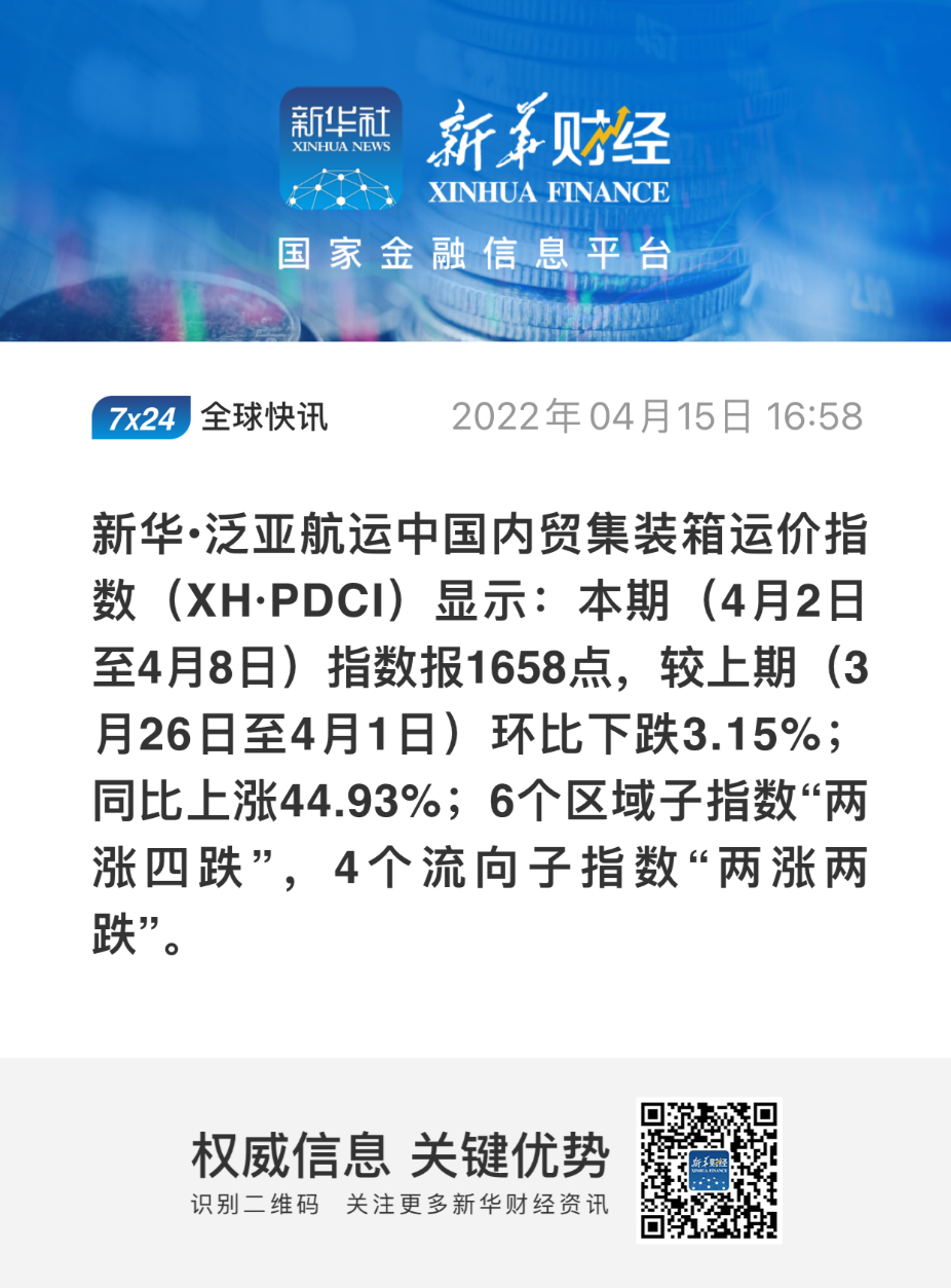 新華·泛亞航運(yùn)中國內(nèi)貿(mào)集裝箱運(yùn)價指數(shù)（XH·PDCI）2022年4月2日至4月8日