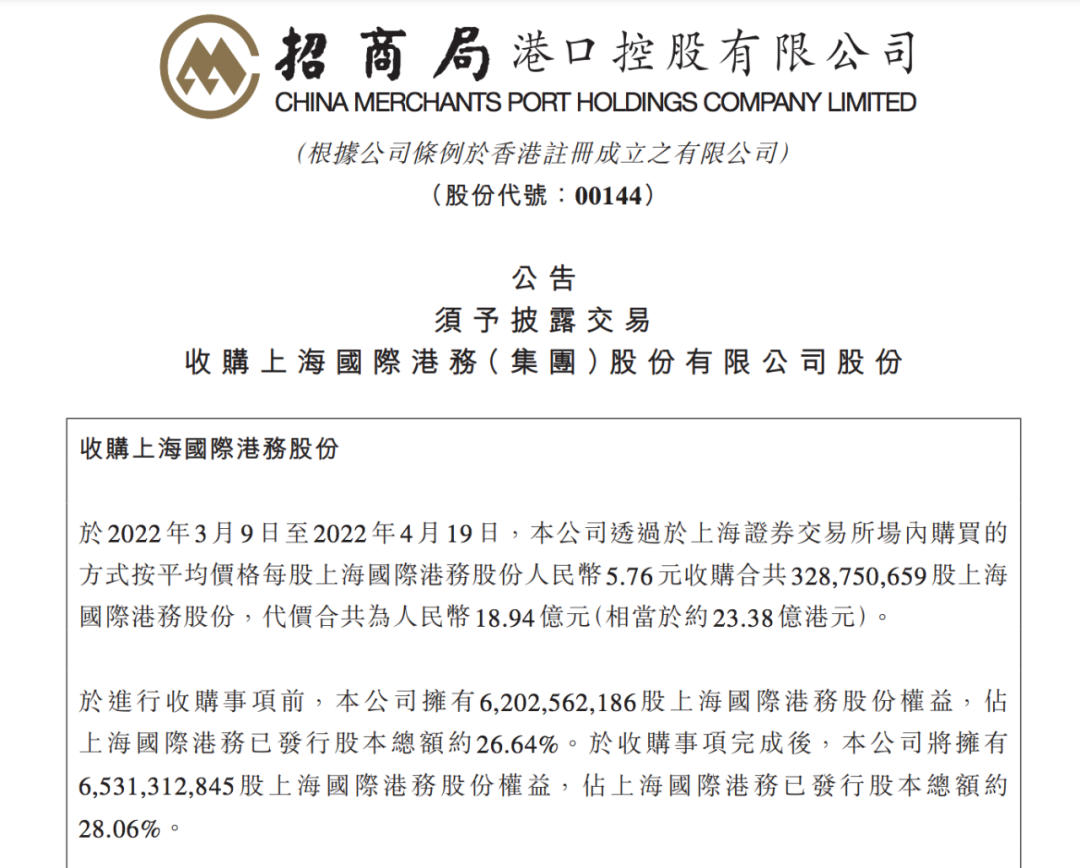 近19億元!招商局港口增持上港集團股份